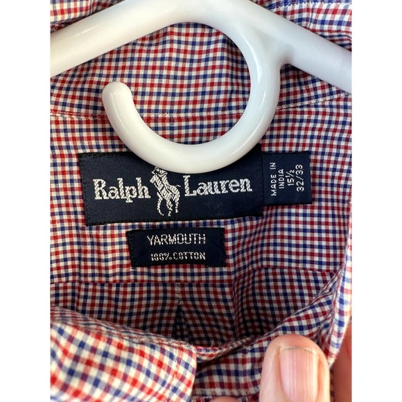 Ralph Lauren Men's Button Up Shirt Sz M 15.5 Red‎ Blue Check Yarmouth Cotton - Picture 5 of 8